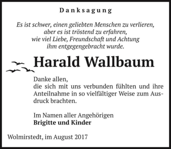 Traueranzeige von Harald Wallbaum  von Magdeburger Volksstimme
