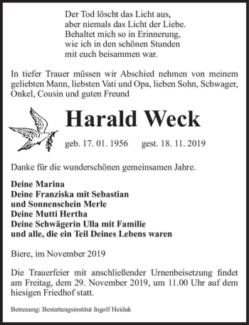 Traueranzeige von Harald Weck  von Magdeburger Volksstimme