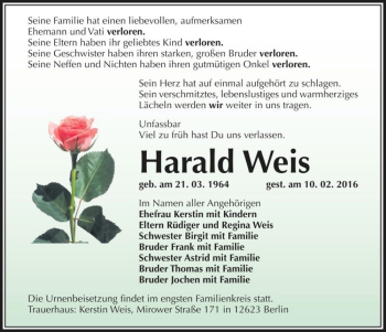 Traueranzeige von Harald Weis  von Magdeburger Volksstimme