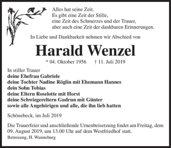 Traueranzeige von Harald Wenzel  von Magdeburger Volksstimme