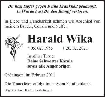 Traueranzeige von Harald Wika  von Magdeburger Volksstimme