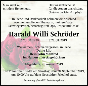 Traueranzeige von Harald Willi Schröder  von Magdeburger Volksstimme