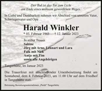 Traueranzeige von Harald Winkler  von Magdeburger Volksstimme