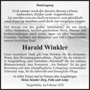 Traueranzeige von Harald Winkler  von Magdeburger Volksstimme