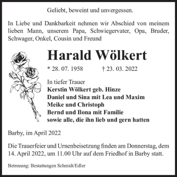 Traueranzeige von Harald Wölkert  von Magdeburger Volksstimme