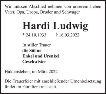 Traueranzeige von Hardi Ludwig  von Magdeburger Volksstimme