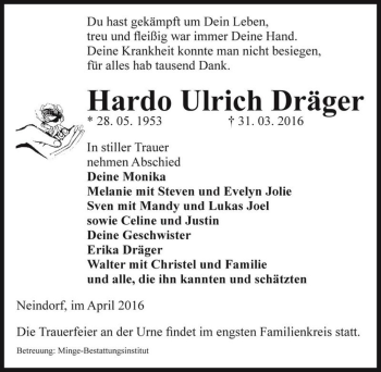 Traueranzeige von Hardo Ulrich Dräger  von Magdeburger Volksstimme