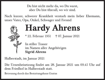 Traueranzeige von Hardy Ahrens  von Magdeburger Volksstimme