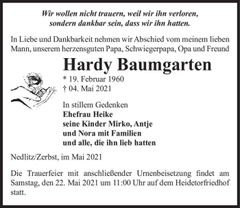 Traueranzeige von Hardy Baumgarten  von Magdeburger Volksstimme