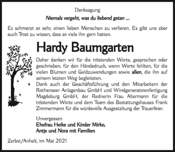 Traueranzeige von Hardy Baumgarten  von Magdeburger Volksstimme
