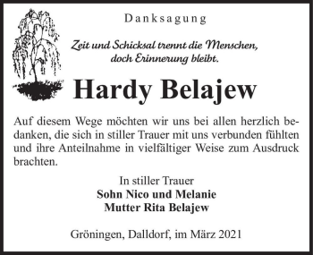 Traueranzeige von Hardy Belajew  von Magdeburger Volksstimme
