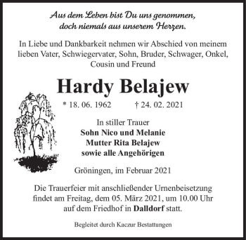 Traueranzeige von Hardy Belajew  von Magdeburger Volksstimme