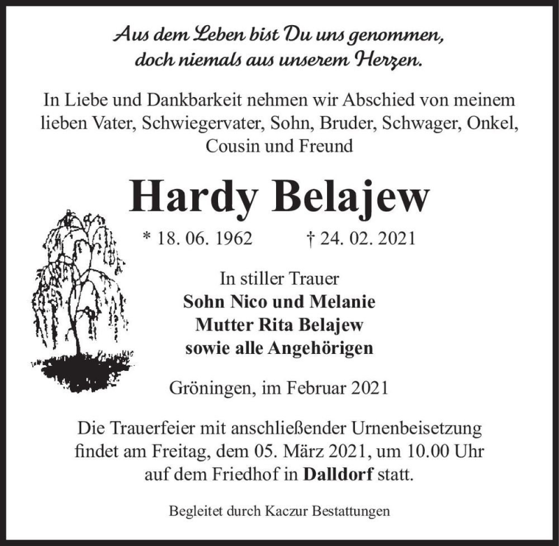  Traueranzeige für Hardy Belajew  vom 03.03.2021 aus Magdeburger Volksstimme