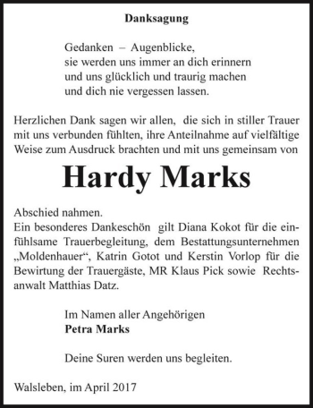 Traueranzeige von Hardy Marks  von Magdeburger Volksstimme