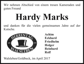 Traueranzeige von Hardy Marks  von Magdeburger Volksstimme