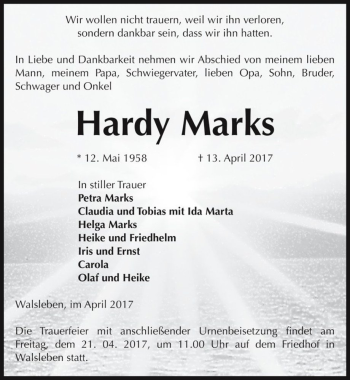 Traueranzeige von Hardy Marks  von Magdeburger Volksstimme