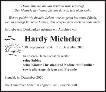 Traueranzeige von Hardy Micheler  von Magdeburger Volksstimme