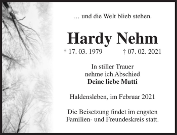Traueranzeige von Hardy Nehm  von Magdeburger Volksstimme