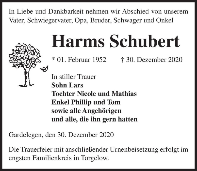  Traueranzeige für Harms Schubert  vom 07.01.2021 aus Magdeburger Volksstimme