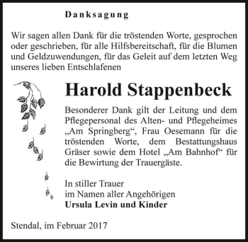 Traueranzeige von Harold Stappenbeck  von Magdeburger Volksstimme