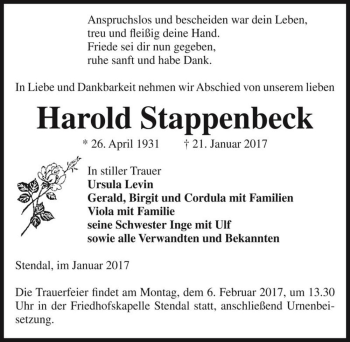 Traueranzeige von Harold Stappenbeck  von Magdeburger Volksstimme