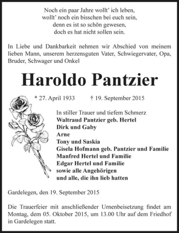 Traueranzeige von Haroldo Pantzier  von Magdeburger Volksstimme