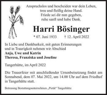 Traueranzeige von Harri Bösinger  von Magdeburger Volksstimme