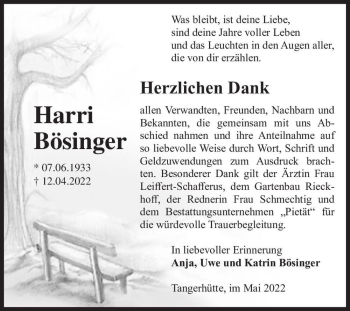 Traueranzeige von Harri Bösinger  von Magdeburger Volksstimme