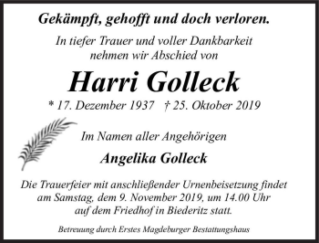 Traueranzeige von Harri Golleck  von Magdeburger Volksstimme