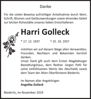 Traueranzeige von Harri Golleck  von Magdeburger Volksstimme