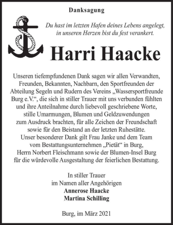 Traueranzeige von Harri Haacke  von Magdeburger Volksstimme