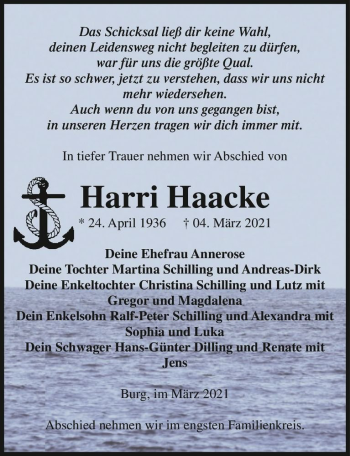 Traueranzeige von Harri Haacke  von Magdeburger Volksstimme