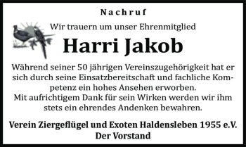 Traueranzeige von Harri Jakob  von Magdeburger Volksstimme