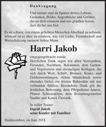Traueranzeige von Harri Jakob  von Magdeburger Volksstimme