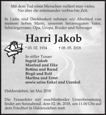 Traueranzeige von Harri Jakob  von Magdeburger Volksstimme