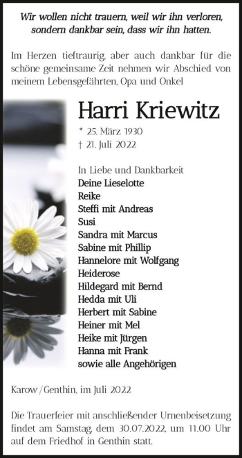 Traueranzeige von Harri Kriewitz  von Magdeburger Volksstimme