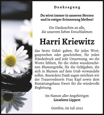 Traueranzeige von Harri Kriewitz  von Magdeburger Volksstimme