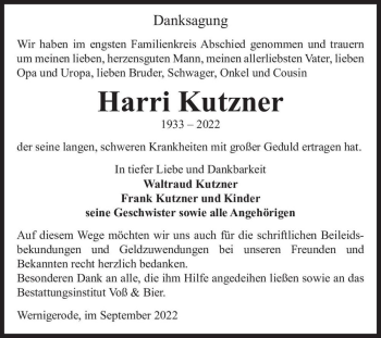 Traueranzeige von Harri Kutzner  von Magdeburger Volksstimme