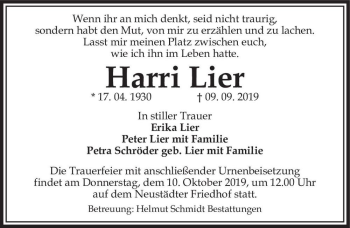 Traueranzeige von Harri Lier  von Magdeburger Volksstimme