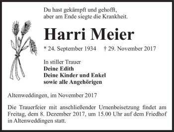 Traueranzeige von Harri Meier  von Magdeburger Volksstimme