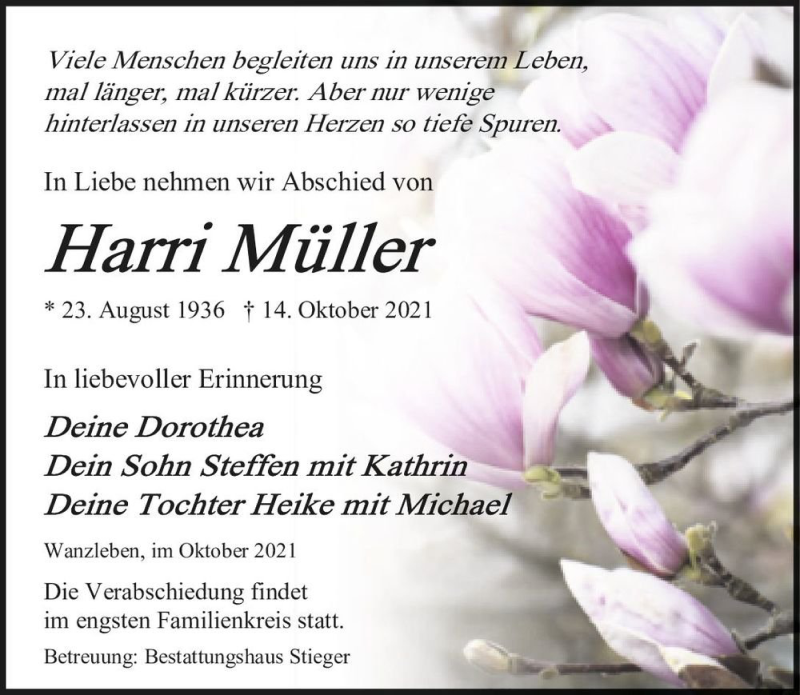  Traueranzeige für Harri Müller  vom 23.10.2021 aus Magdeburger Volksstimme