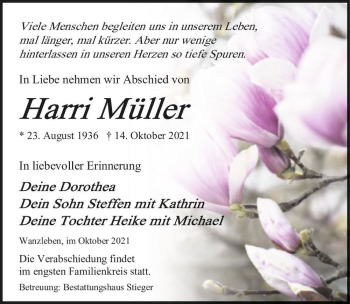 Traueranzeige von Harri Müller  von Magdeburger Volksstimme