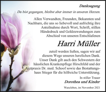 Traueranzeige von Harri Müller  von Magdeburger Volksstimme