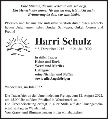 Traueranzeige von Harri Schulz  von Magdeburger Volksstimme