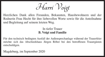 Traueranzeige von Harri Voigt  von Magdeburger Volksstimme