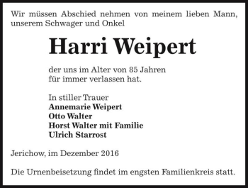 Traueranzeige von Harri Weipert  von Magdeburger Volksstimme