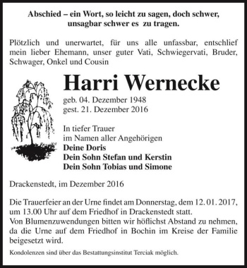 Traueranzeige von Harri Wernecke  von Magdeburger Volksstimme