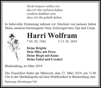 Traueranzeige von Harri Wolfram  von Magdeburger Volksstimme