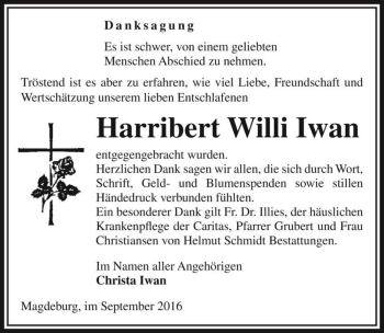 Traueranzeige von Harribert Willi Iwan  von Magdeburger Volksstimme