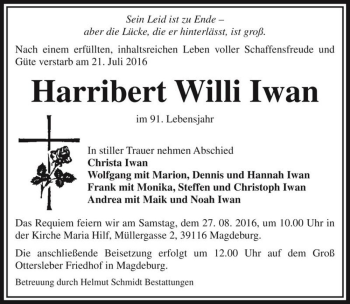 Traueranzeige von Harribert Willi Iwan  von Magdeburger Volksstimme